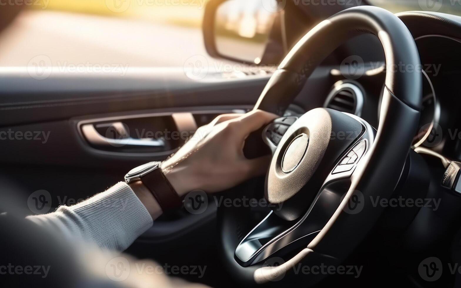 hombre conducción un coche ver desde el espalda asiento, conducción colegio generativo ai foto