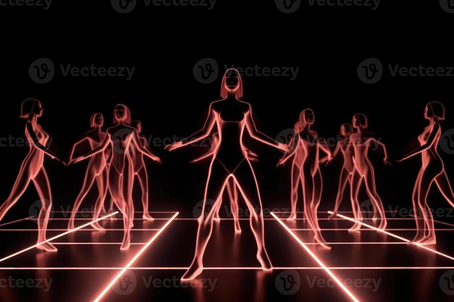 dancing neon cyber girls red hologram photo
