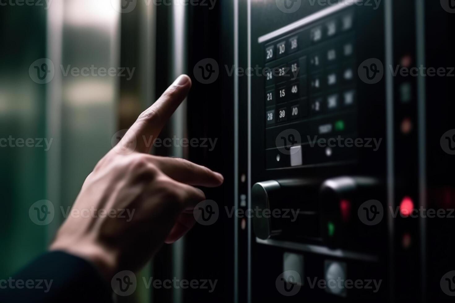 man hand calls the elevator photo