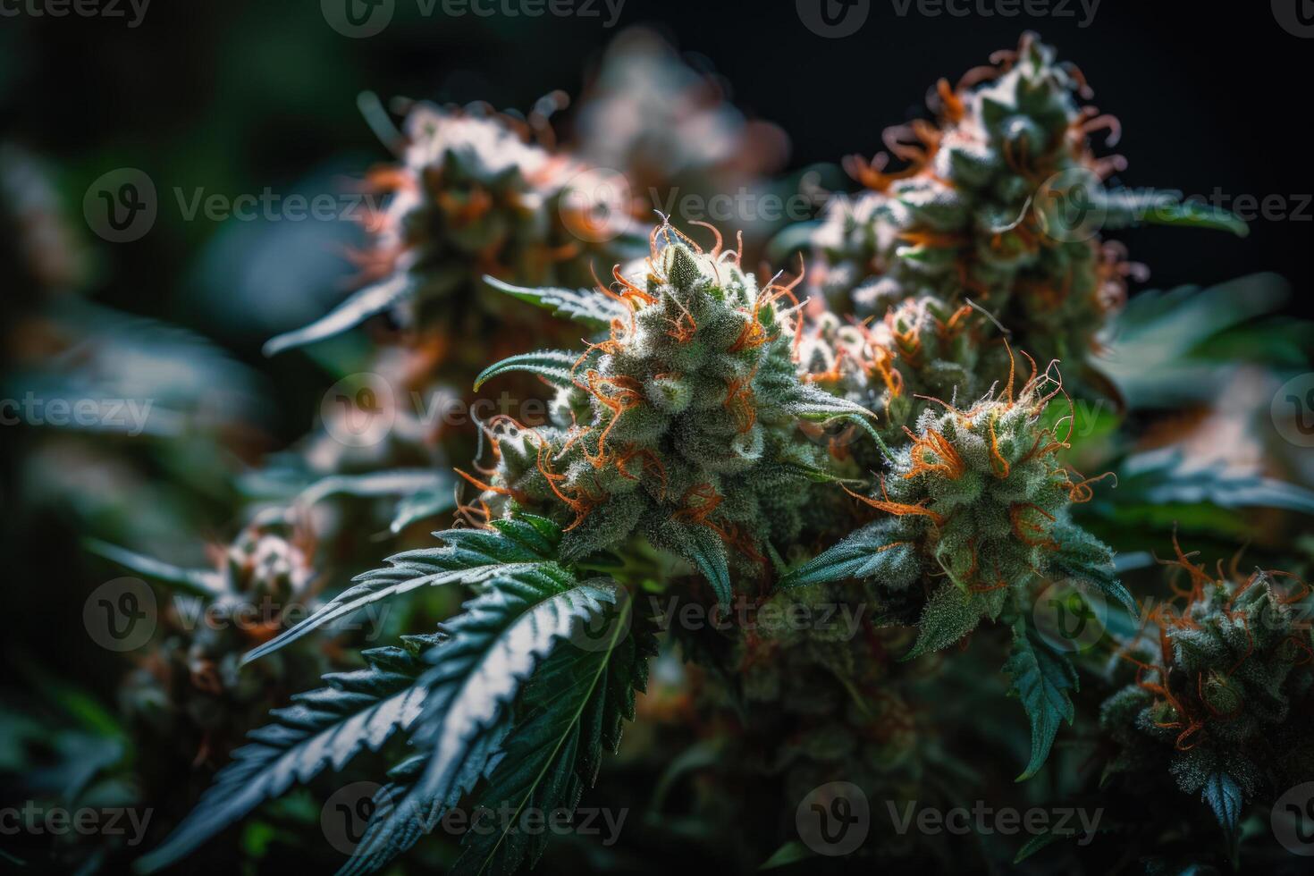growing mature indica cannabis buds, beautiful blooming green marijuana flower, photo