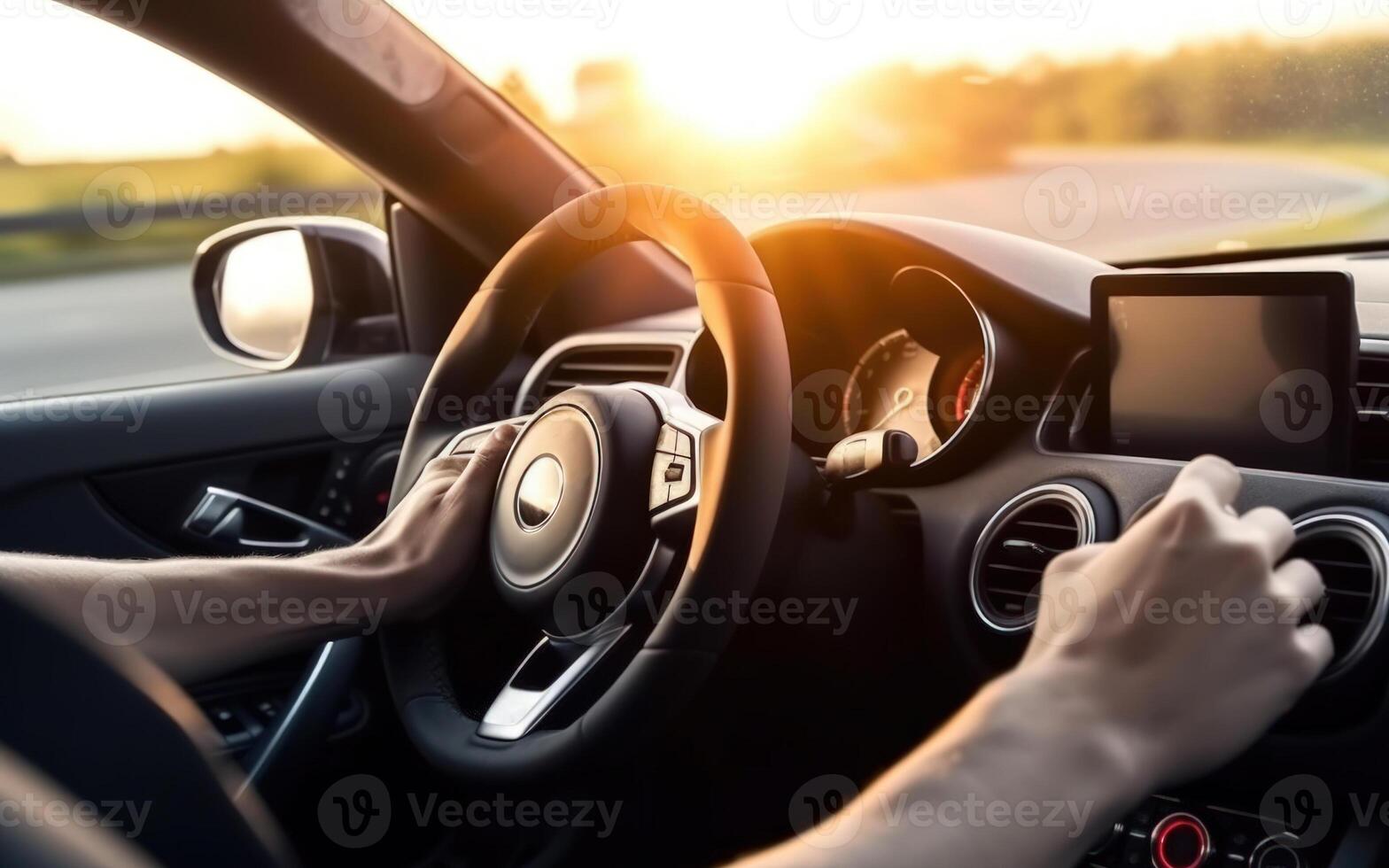 hombre conducción un coche ver desde el espalda asiento, conducción colegio generativo ai foto