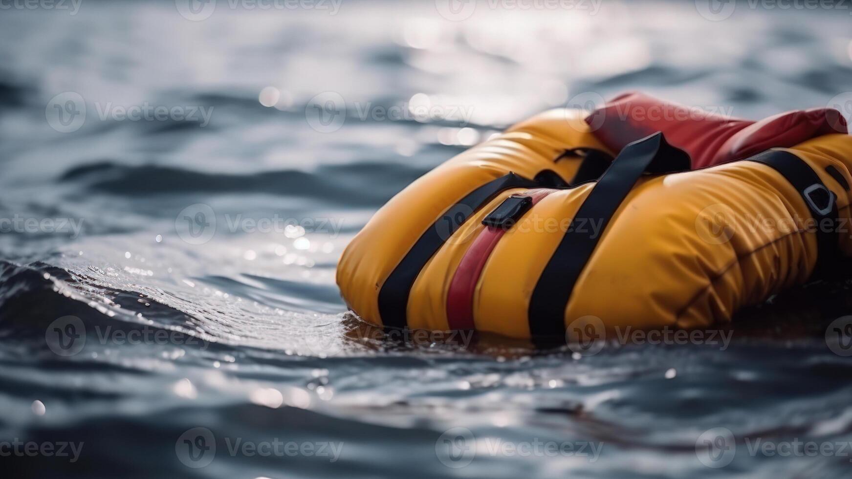 inflatable life jacket, safety in open water at sea ocean photo