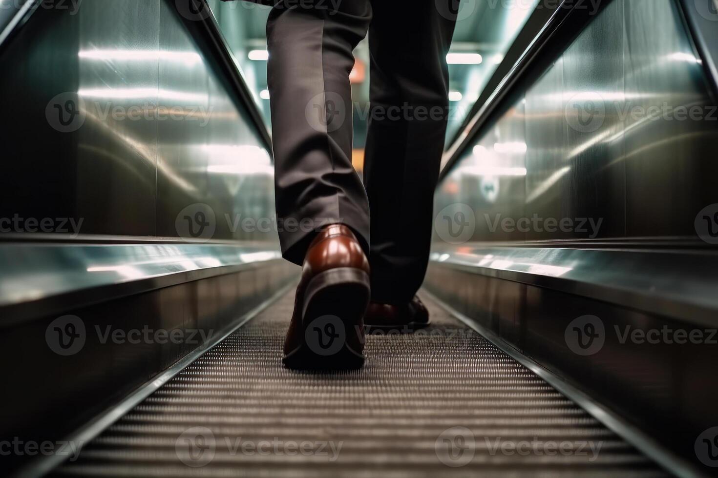 businessman legs in a suit and shoes climbing steir the escalator shopping center photo