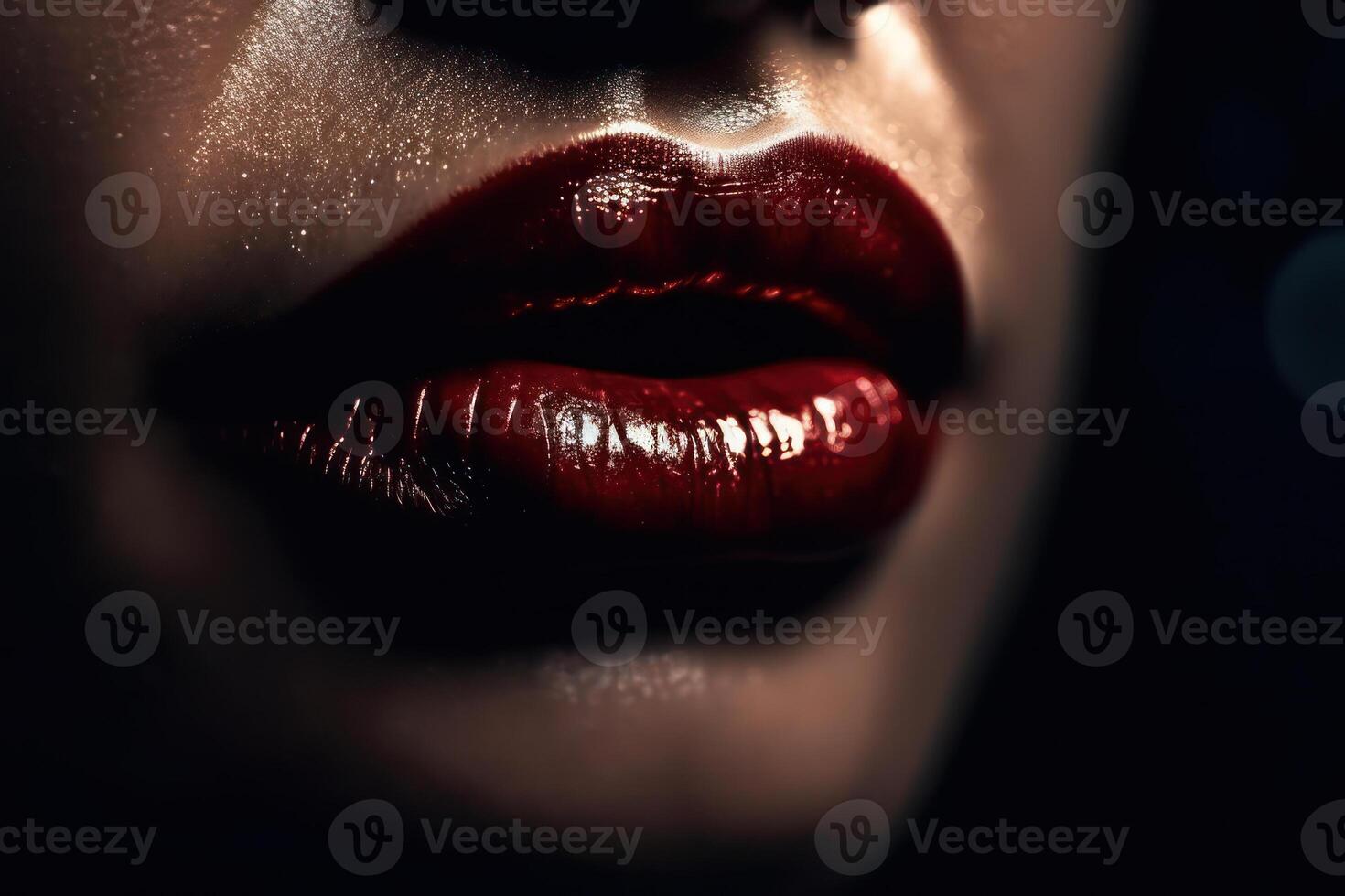 gentle dark red shiny painted big lips woman photo
