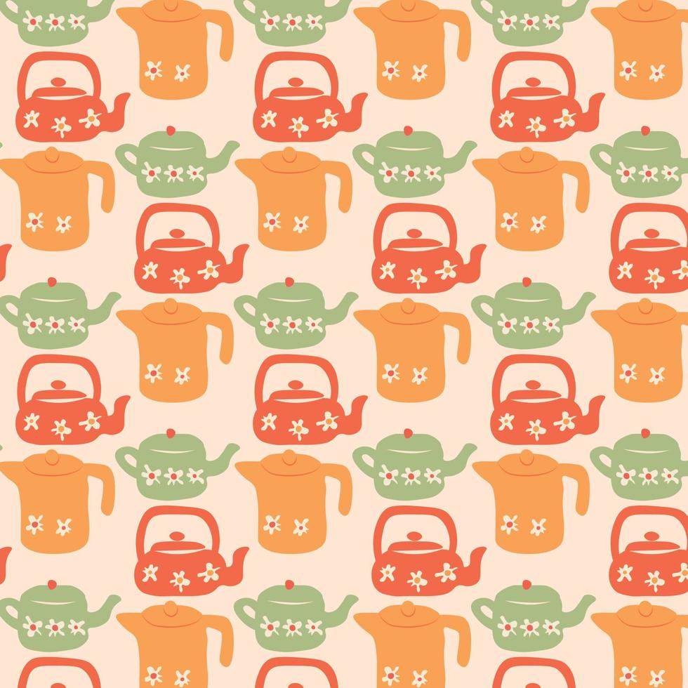 Seamless pattern of the kettles with different colors. vector