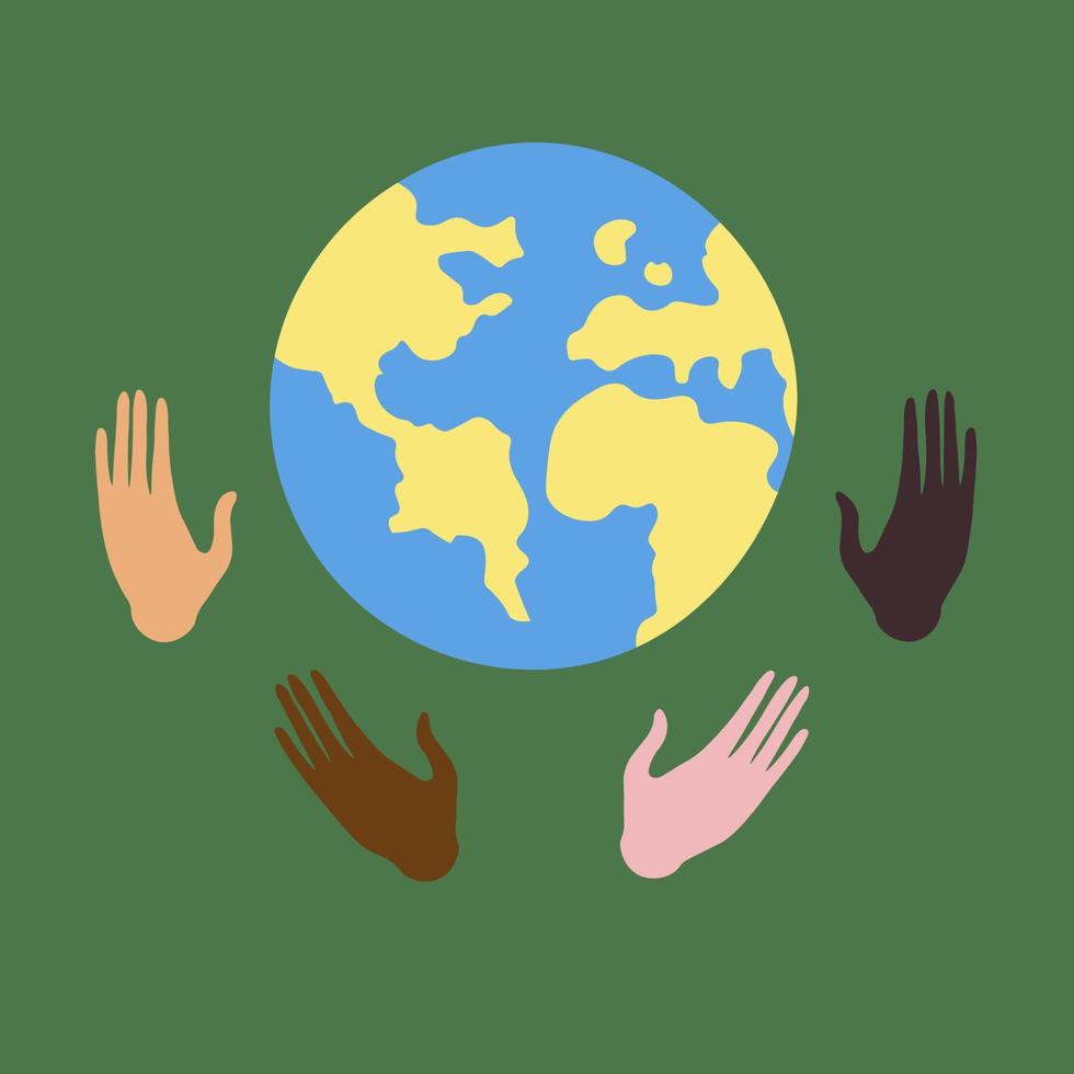 Earth Day, save the earth, world peace. The concept of environmental problems, environmental protection, care for our world. Colored flat illustration of planet and hand of different races. Vector