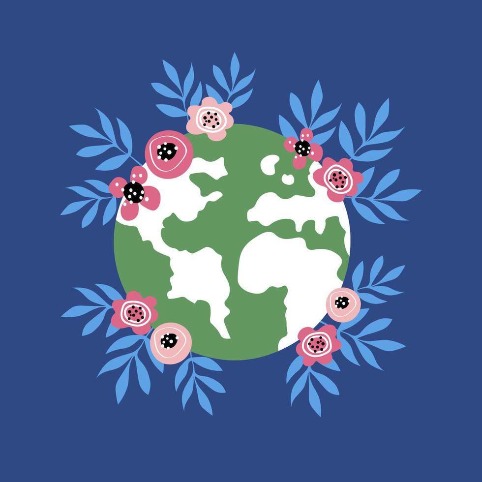 Earth Day, save the earth. The concept of environmental problems, environmental protection, care for our world. Colored flat illustration of the planet in flowers. Vector