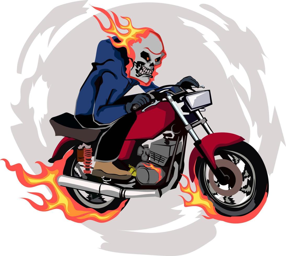 vector illustration of a flaming skull head man riding a motorcycle