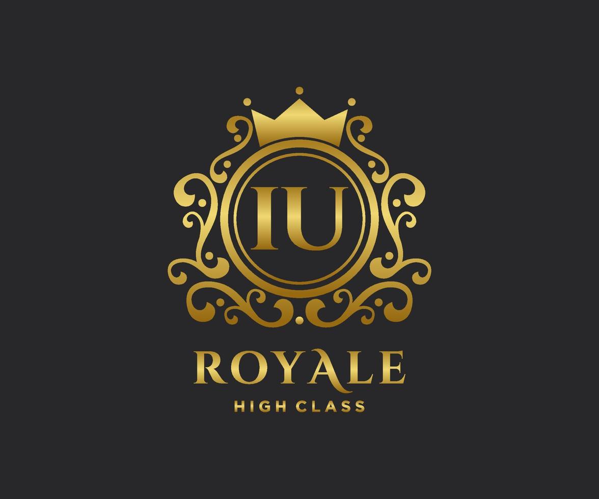 Golden Letter IU template logo Luxury gold letter with crown. Monogram alphabet . Beautiful royal initials letter. vector
