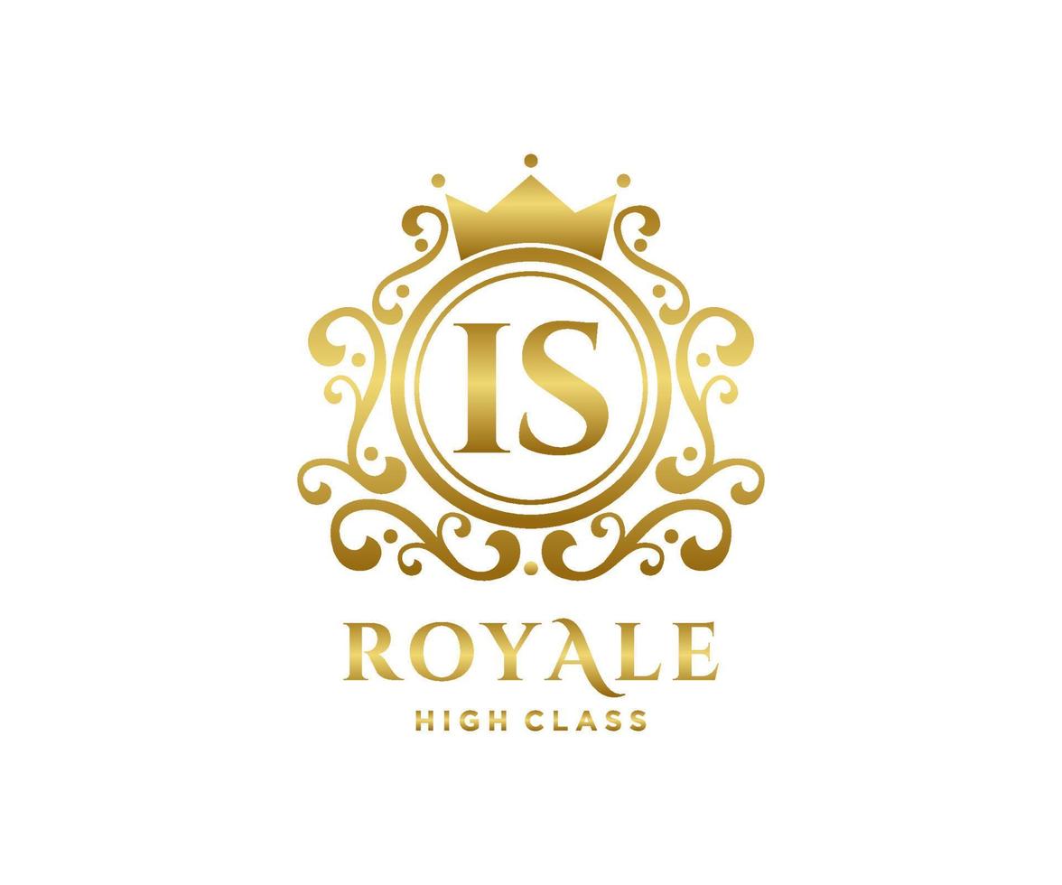 Golden Letter IS template logo Luxury gold letter with crown. Monogram alphabet . Beautiful royal initials letter. vector