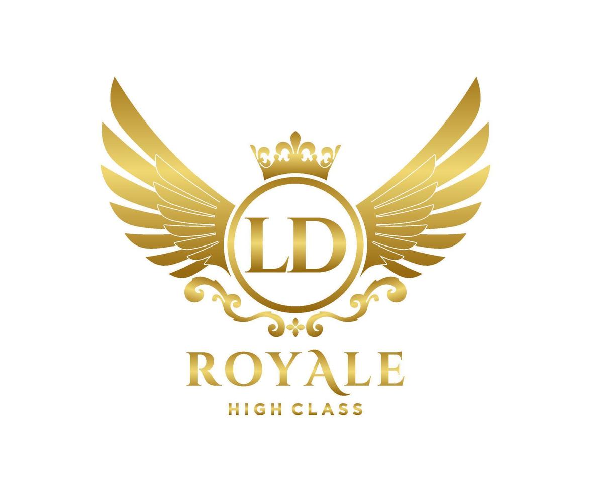 Golden Letter LD template logo Luxury gold letter with crown. Monogram alphabet . Beautiful royal initials letter. vector