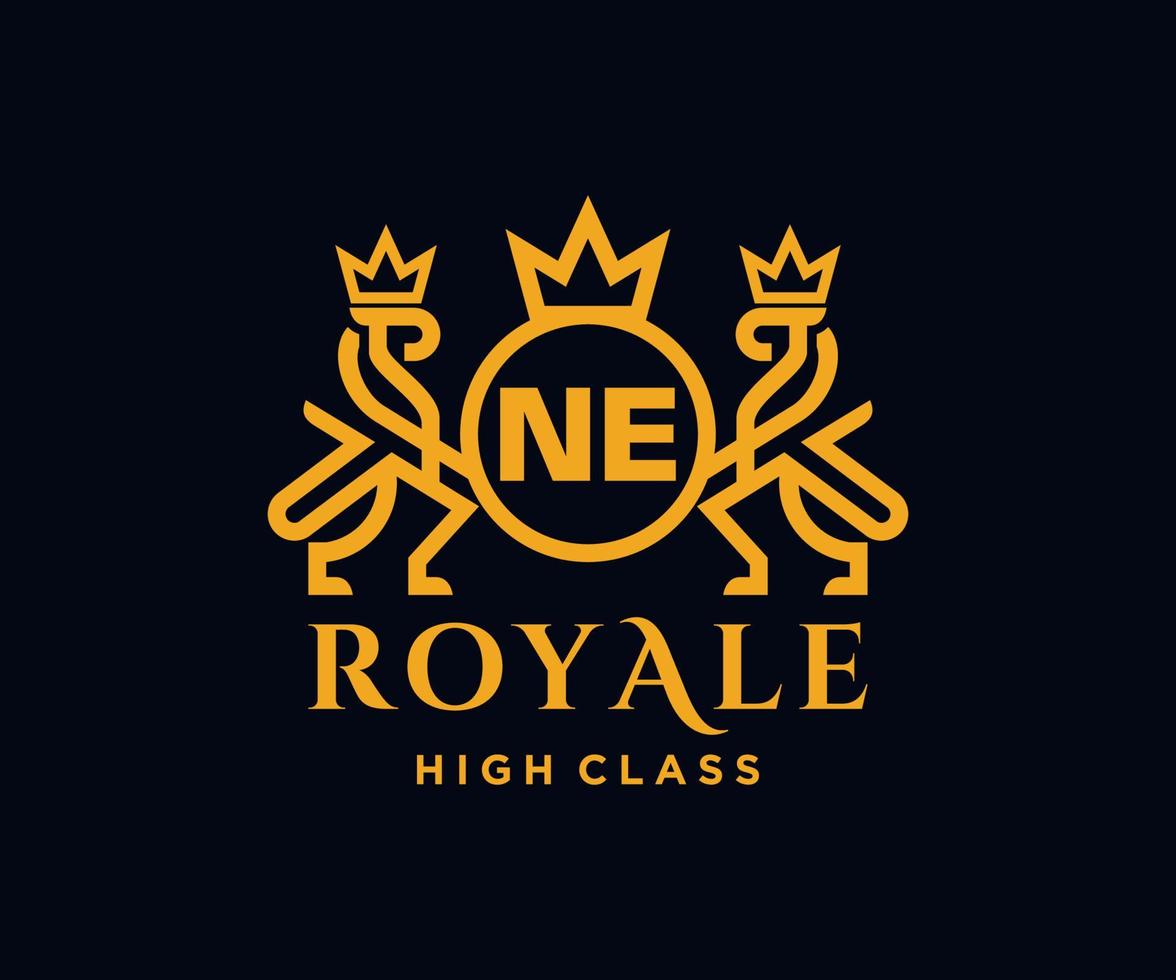 Golden Letter NE template logo Luxury gold letter with crown. Monogram alphabet . Beautiful royal initials letter. vector