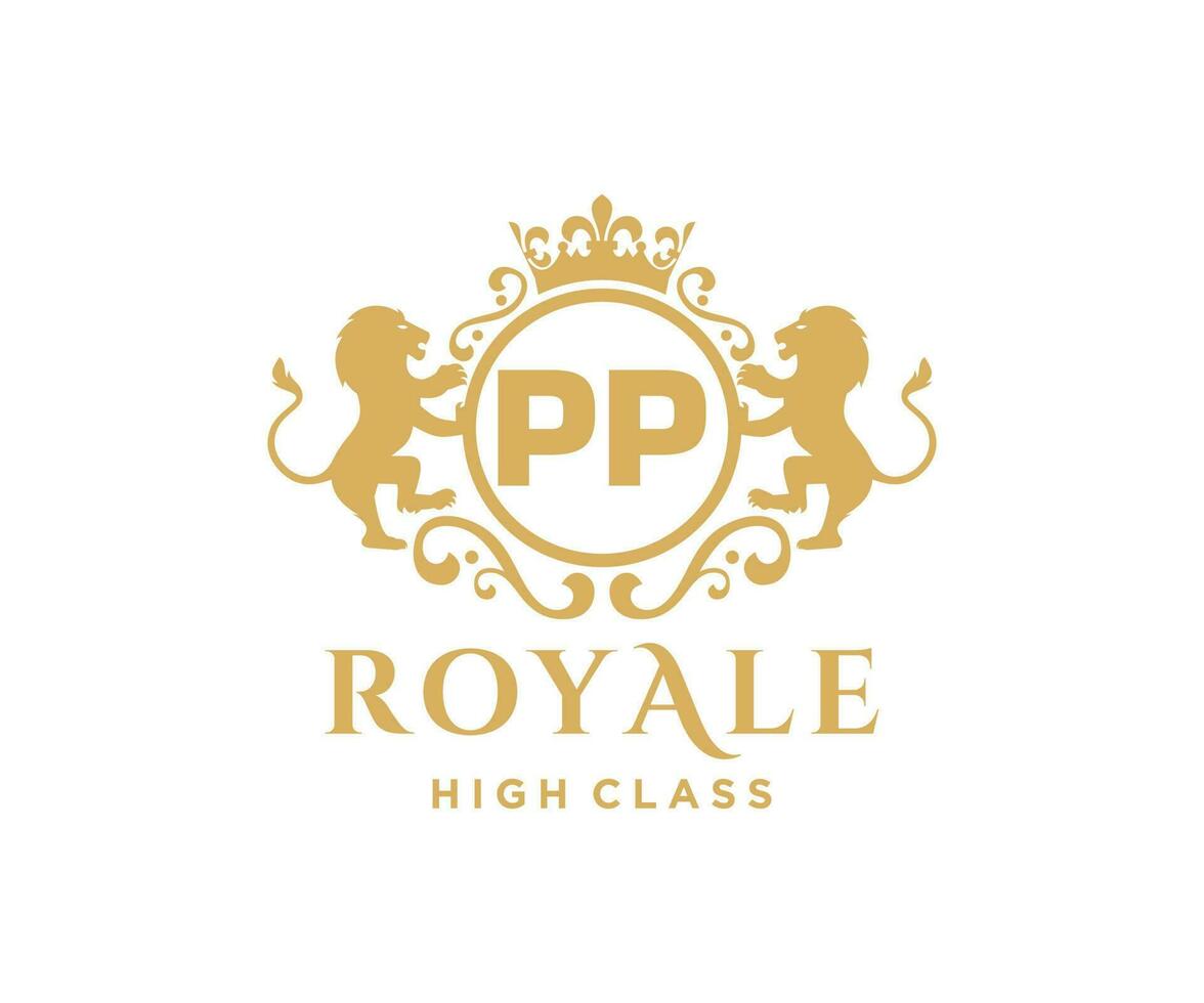 Golden Letter PP template logo Luxury gold letter with crown. Monogram alphabet . Beautiful royal initials letter. vector