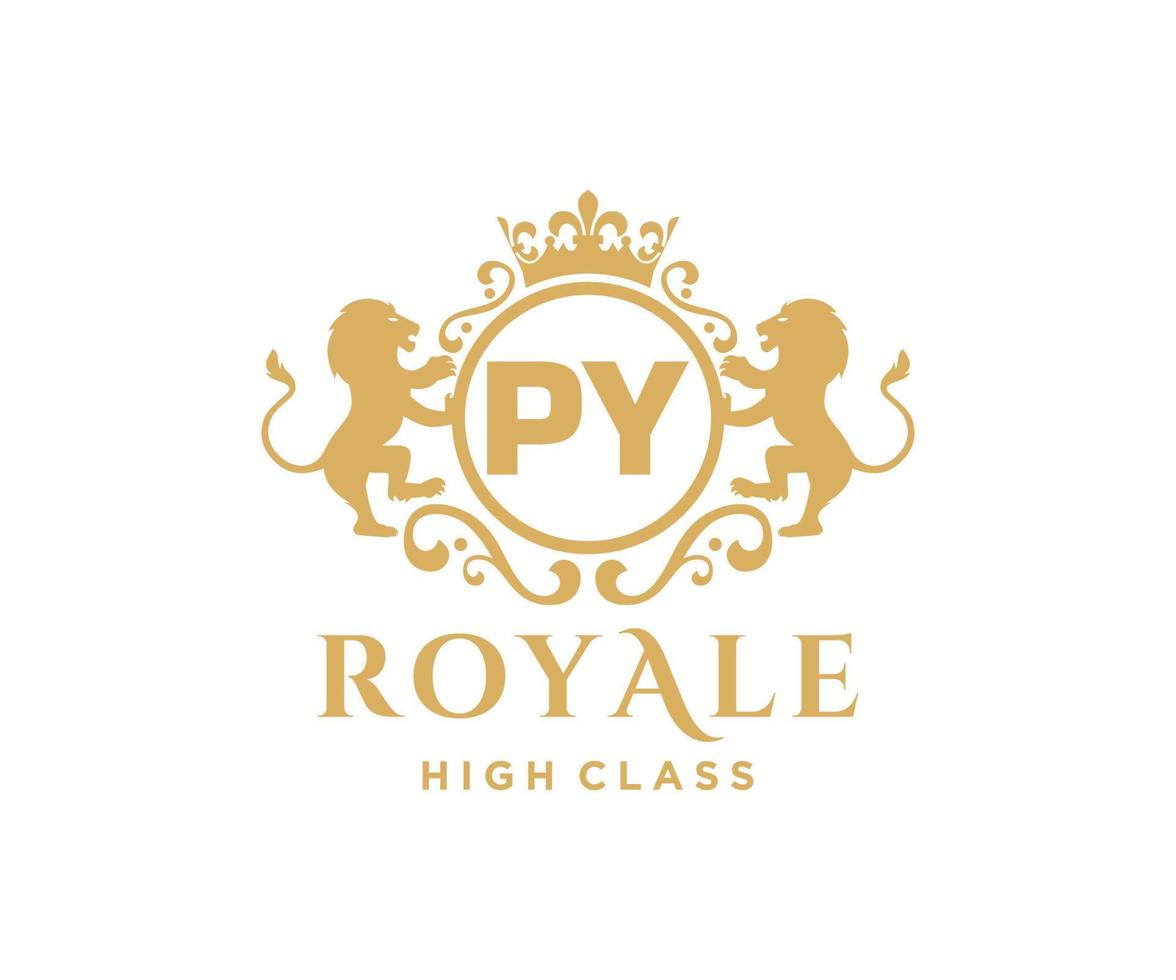 Golden Letter PY template logo Luxury gold letter with crown. Monogram alphabet . Beautiful royal initials letter. vector