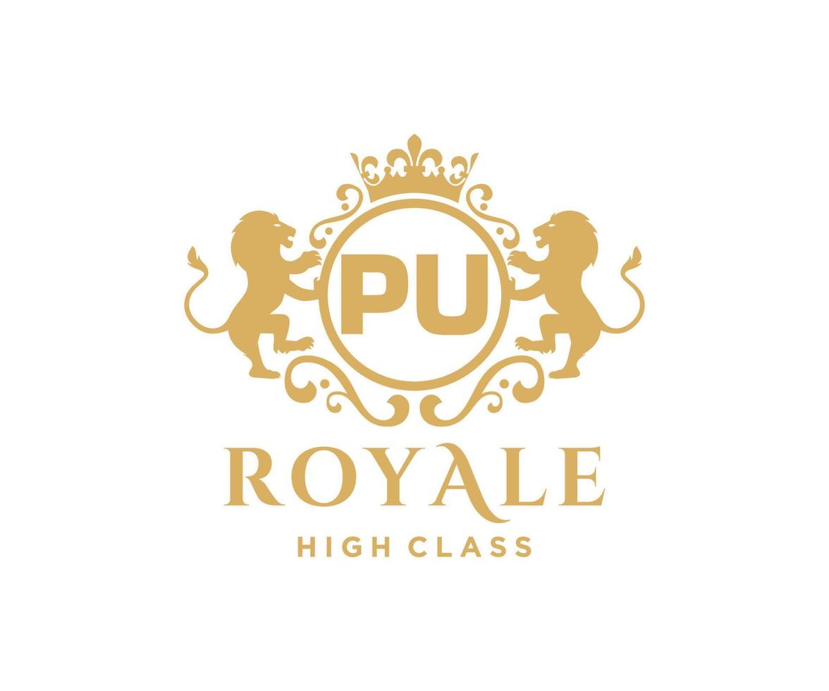Golden Letter PU template logo Luxury gold letter with crown. Monogram alphabet . Beautiful royal initials letter. vector