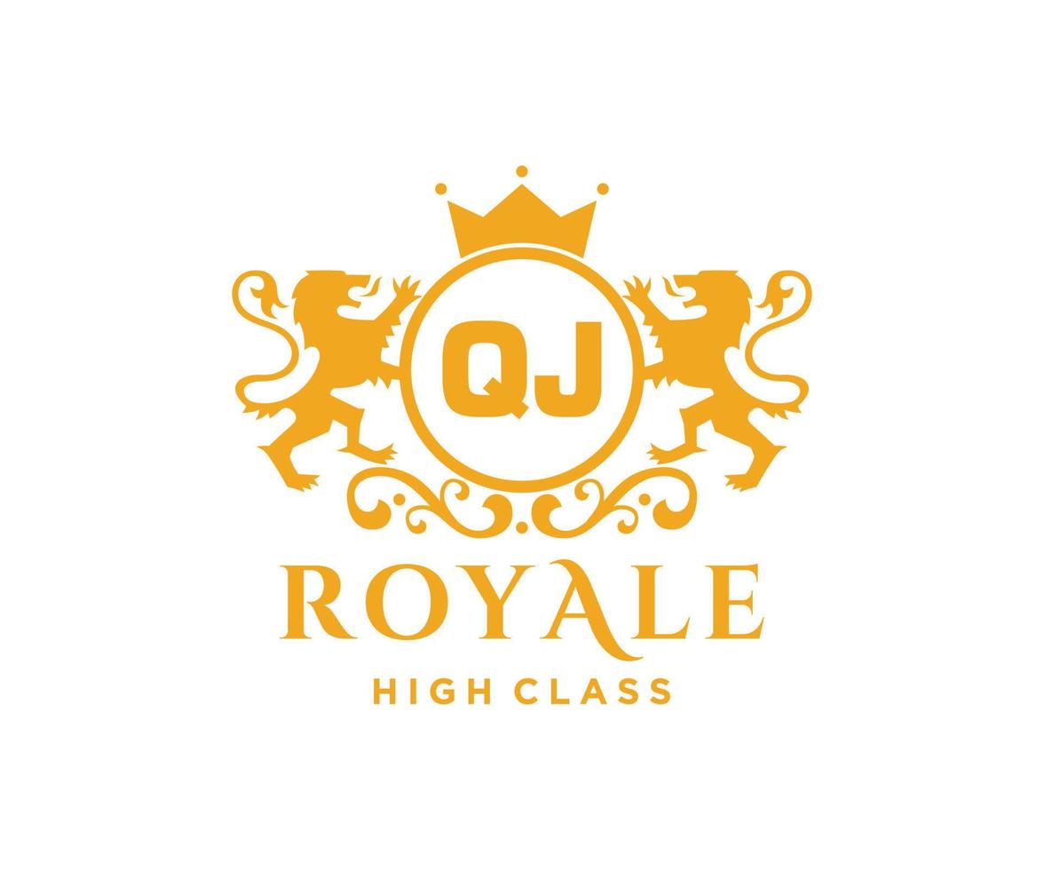 Golden Letter QJ template logo Luxury gold letter with crown. Monogram alphabet . Beautiful royal initials letter. vector