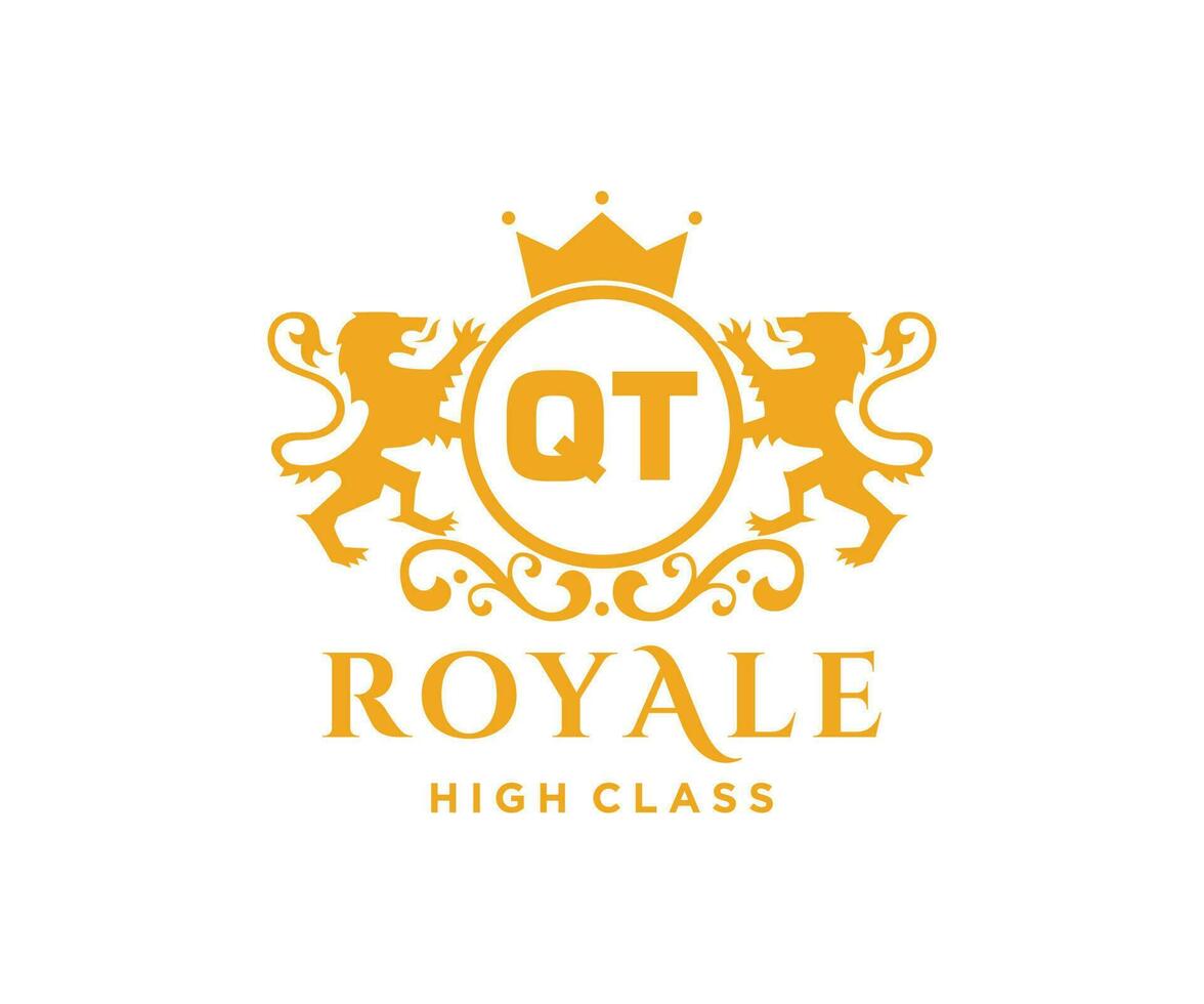 Golden Letter QT template logo Luxury gold letter with crown. Monogram alphabet . Beautiful royal initials letter. vector