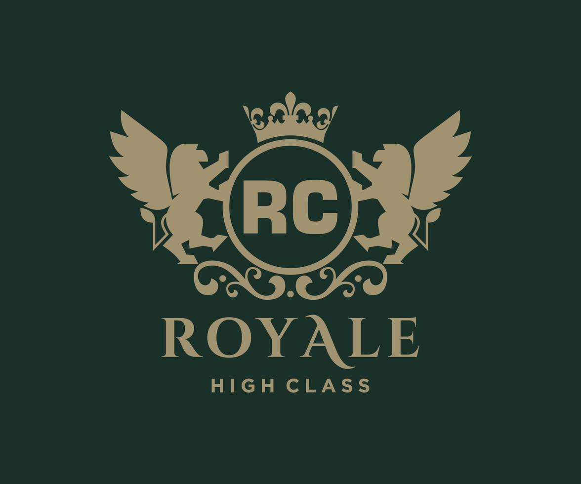 Golden Letter RC template logo Luxury gold letter with crown. Monogram alphabet . Beautiful royal initials letter. vector