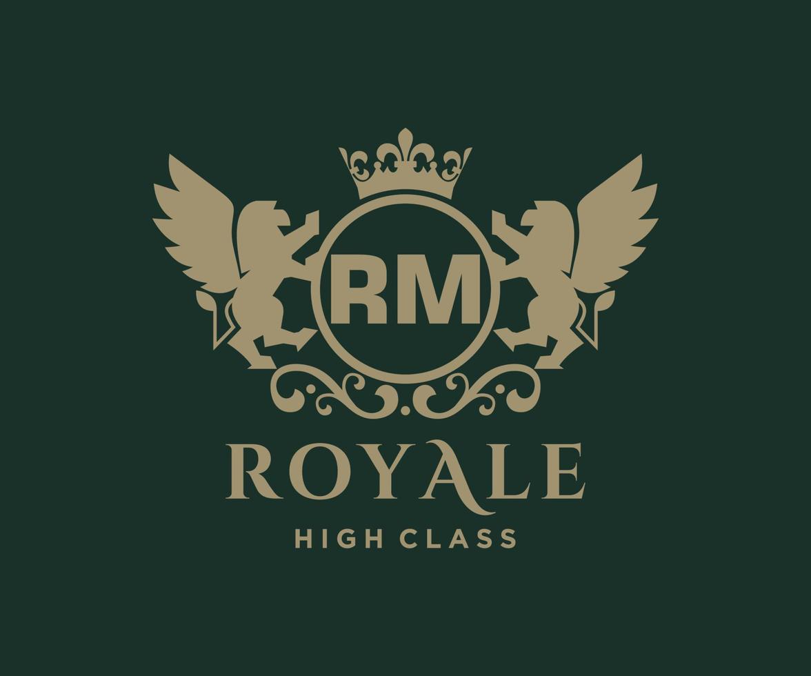 Golden Letter RM template logo Luxury gold letter with crown. Monogram alphabet . Beautiful royal initials letter. vector