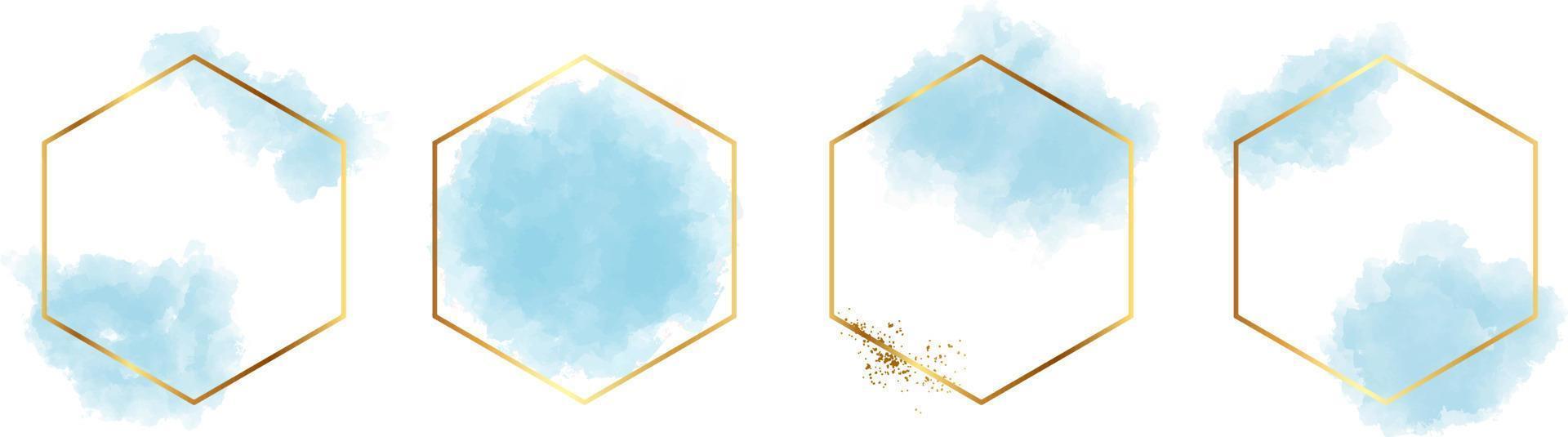Hexagonal frame with abstract splashes of light blue watercolor brush strokes for logo, banner, card, cover, flyer and poster, watercolor strokes with gold hexagonal frame vector