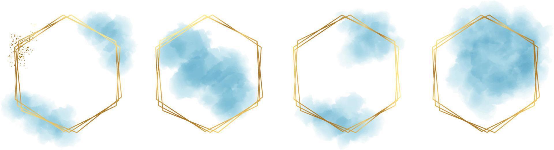 Hexagonal frame with abstract splashes of light blue watercolor brush strokes for logo, banner, card, cover, flyer and poster, watercolor strokes with gold hexagonal frame vector