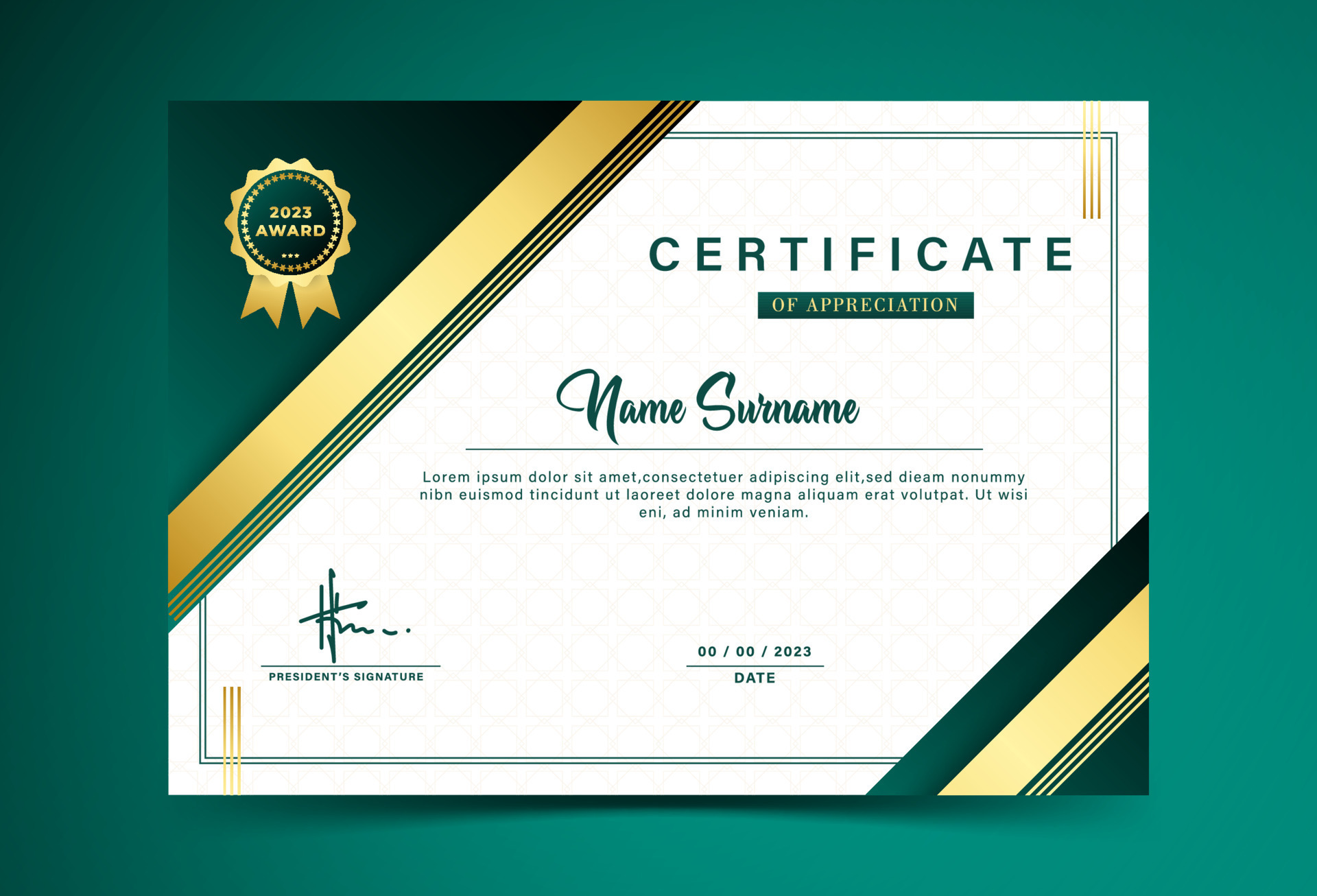 Award certificate template. luxury green color gradation, with gold