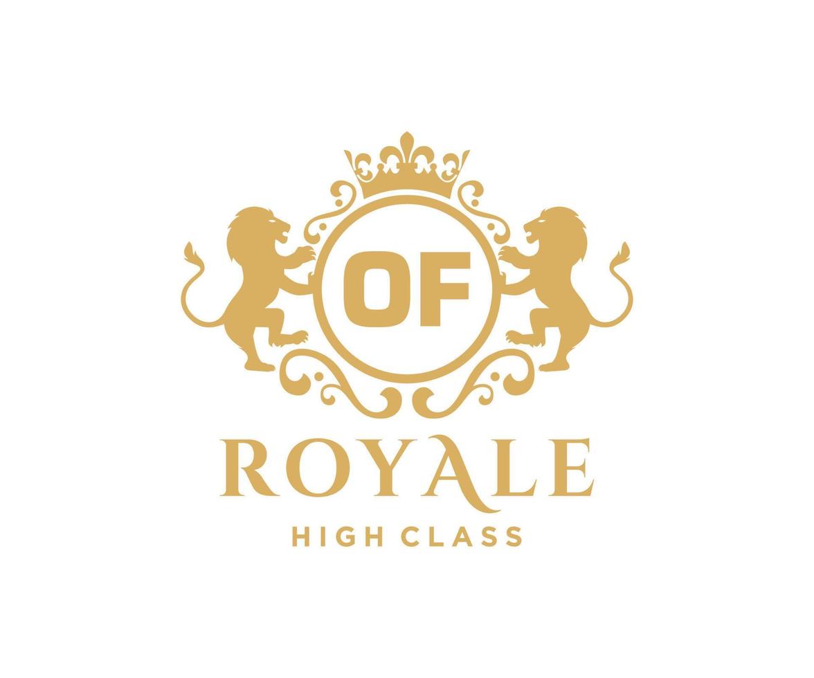 Golden Letter OF template logo Luxury gold letter with crown. Monogram alphabet . Beautiful royal initials letter. vector