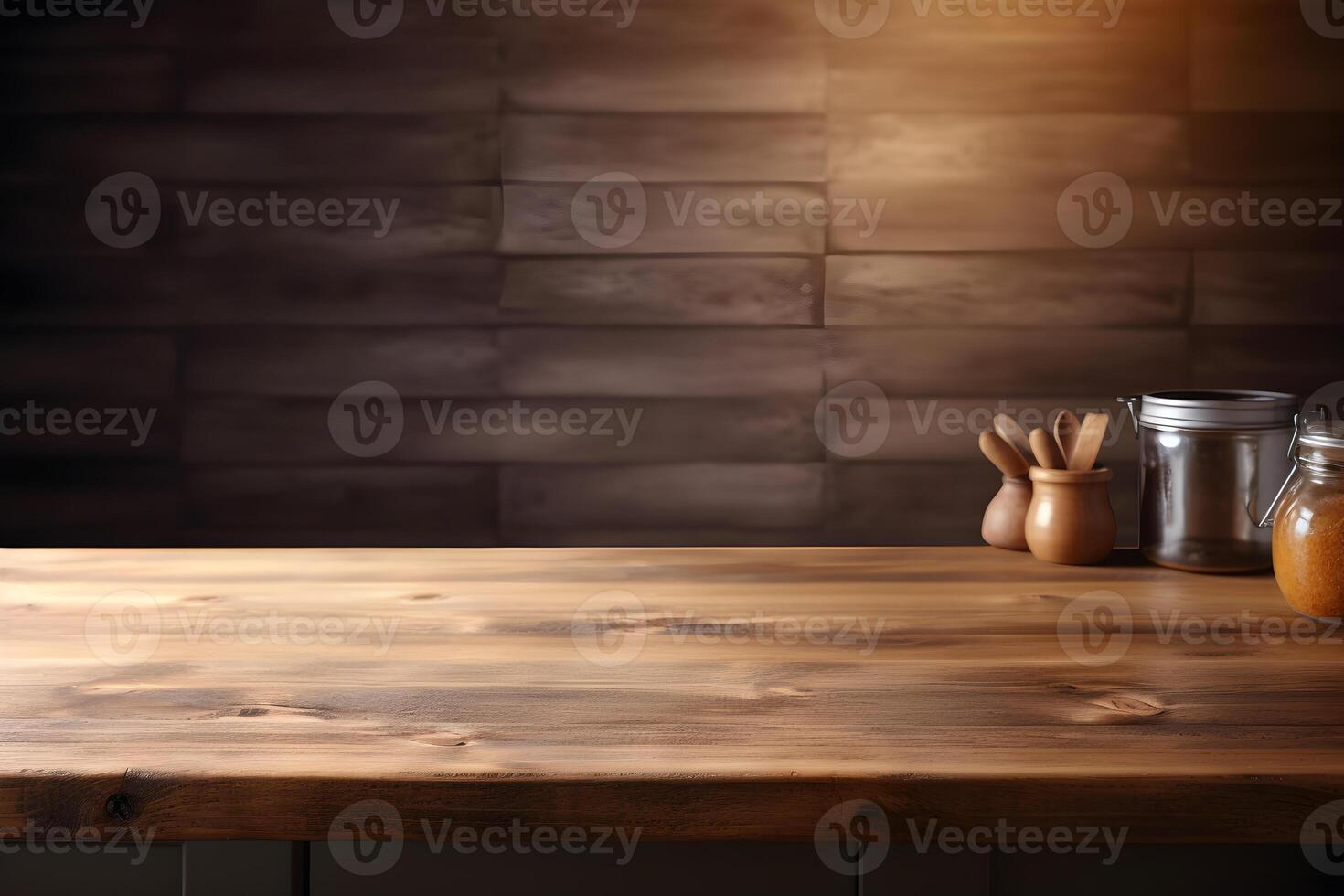 Empty wooden table and blurred background. For product display. photo