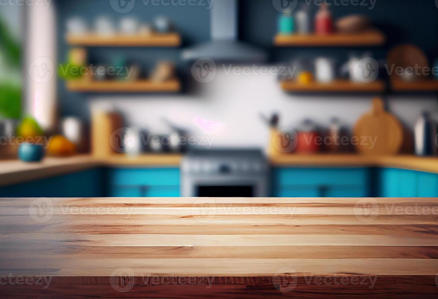 Empty wooden table and blurred background of coffee shop or restaurant. photo