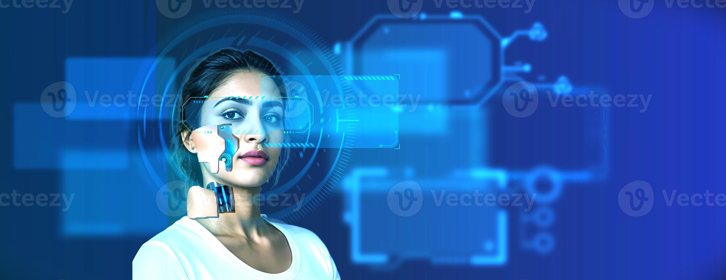 Female woman lady person look at camera beautiful person robot ai artificial intelligence robot ai cyborg technology machine science future face futuristic model online network smart fantasy concept photo