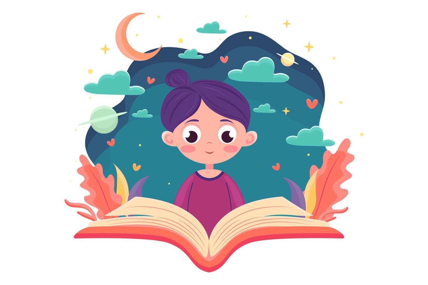 un niña leyendo un interesante libro a noche o tarde a noche, lectura, el concepto de inmersión en un libro, interesante cuentos, mundo libro día o para niños libro día vector