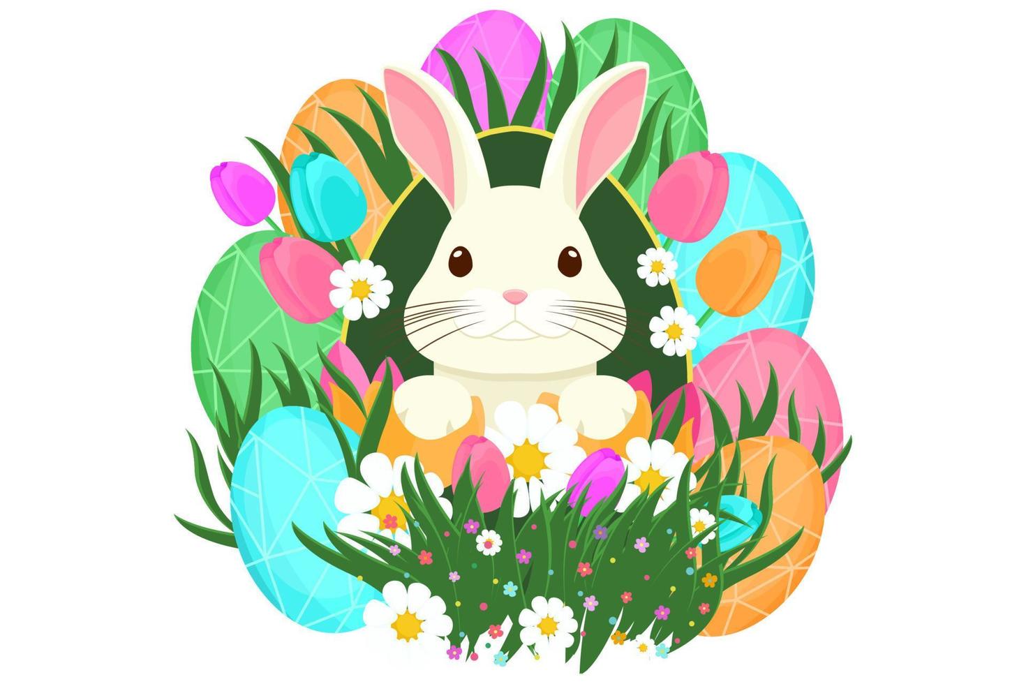 Easter illustration with bunny, flowers, Easter eggs, background, banner or seasonal card, spring illustration, holiday illustration vector