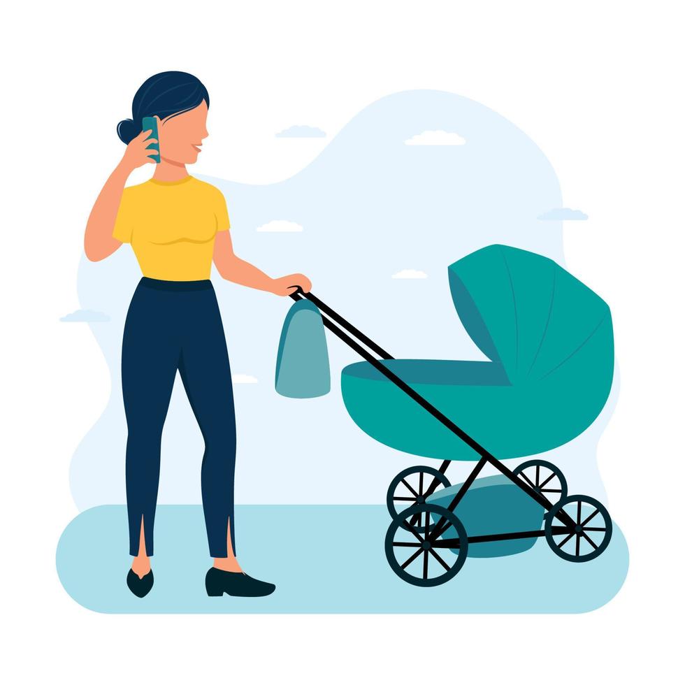 A woman walks with her child while working on the phone. The problem of women's priorities between childbirth and career. The concept of being able to work during motherhood vector