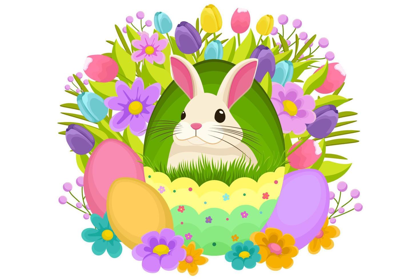 Easter illustration with bunny, flowers, Easter eggs, background, banner or seasonal card, spring illustration, holiday illustration vector