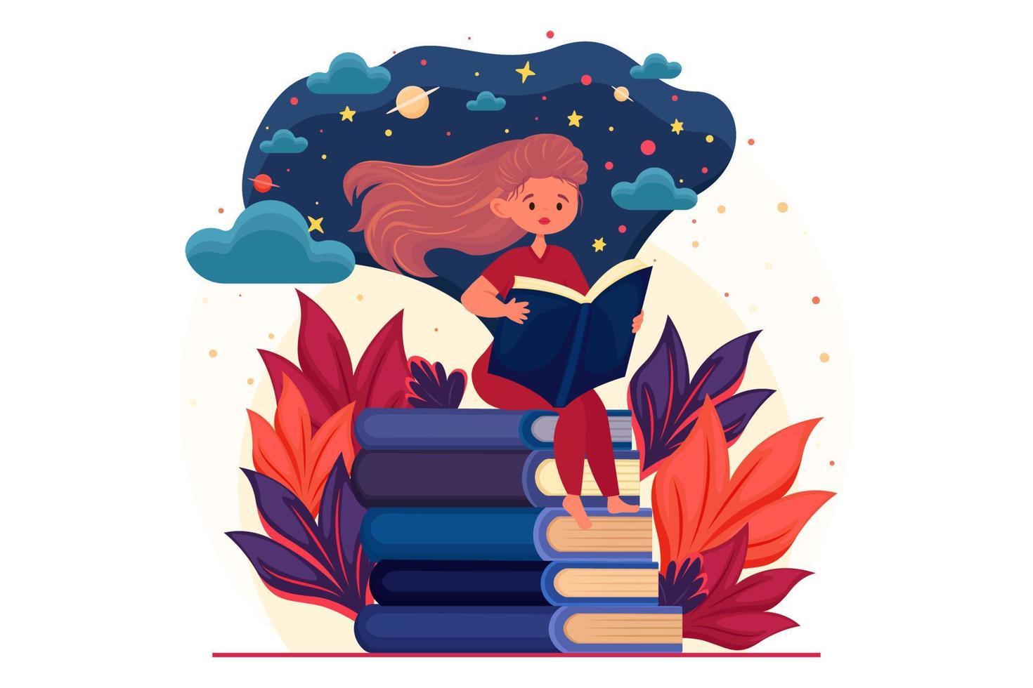 Girl reading an interesting book sitting on a stack of books, reading, book immersion concept, interesting stories, World Book Day or Children's Book Day, abstract patterns, leaves, decorative element vector