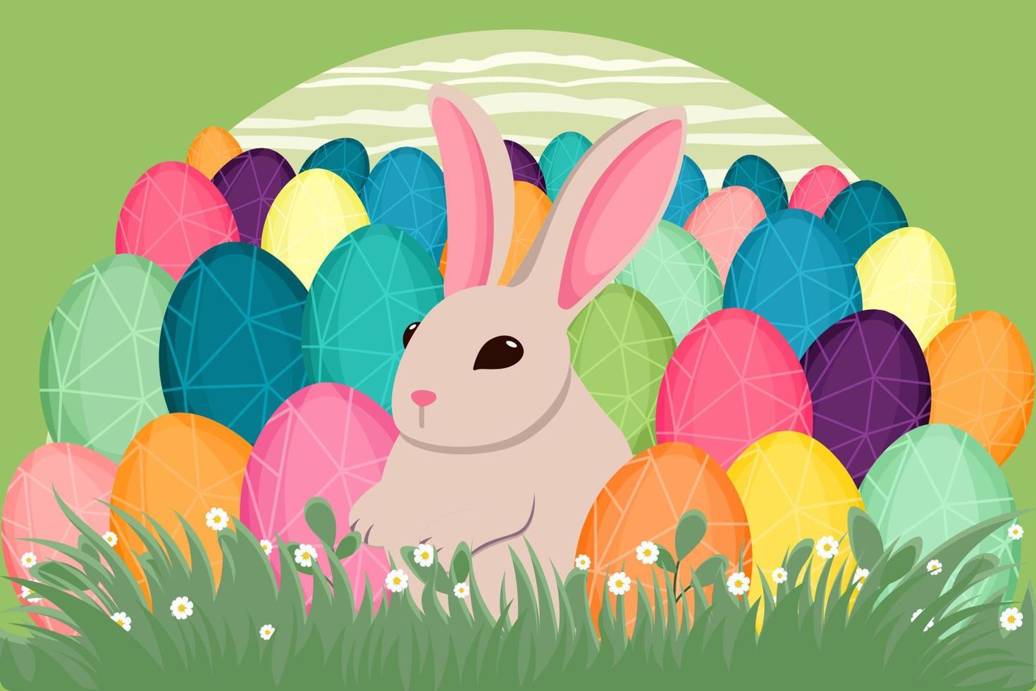 Easter illustration with bunny, flowers, Easter eggs, background, banner or seasonal card, spring illustration, holiday illustration vector