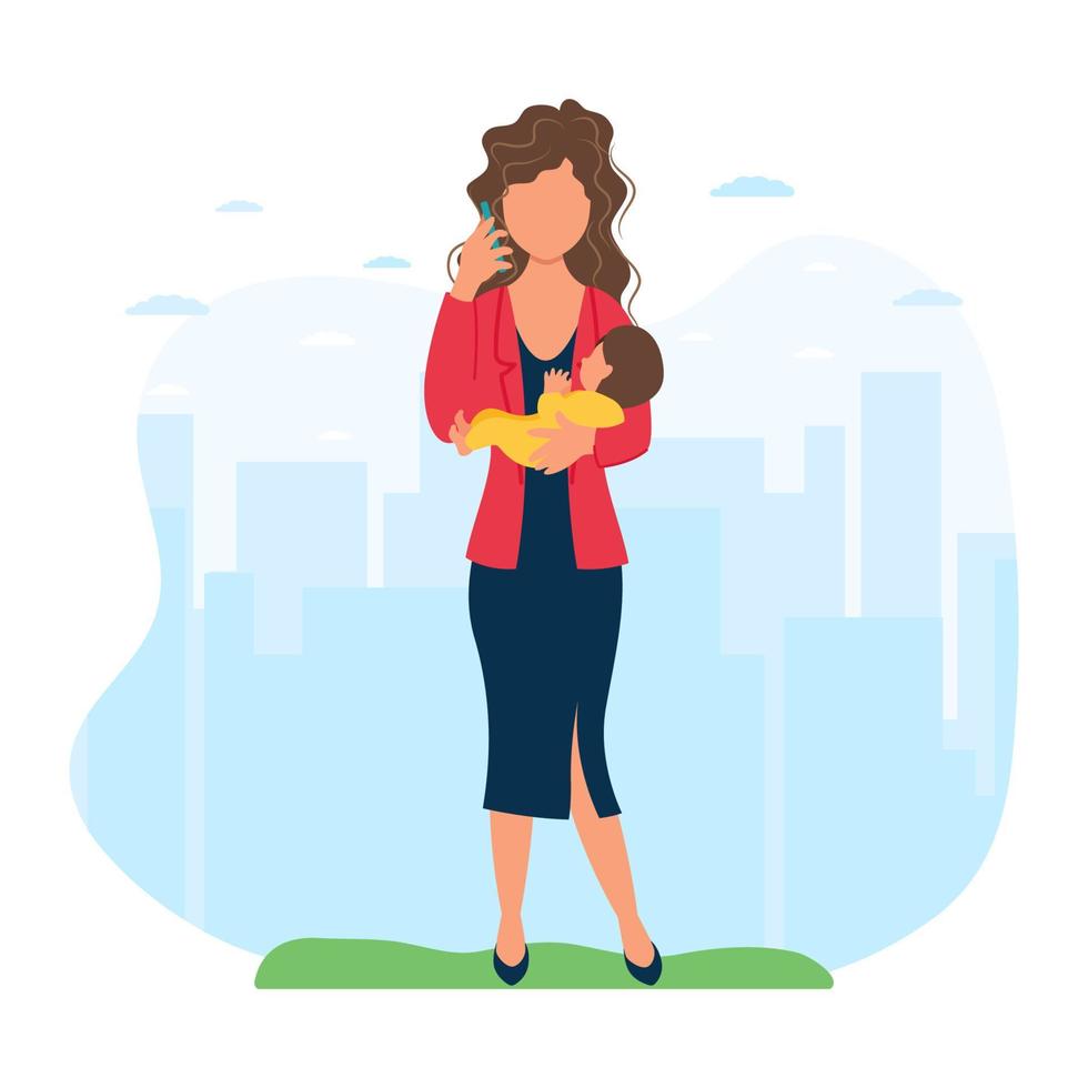 A woman walks with her child while working on the phone. The problem of women's priorities between childbirth and career. The concept of being able to work during motherhood. vector
