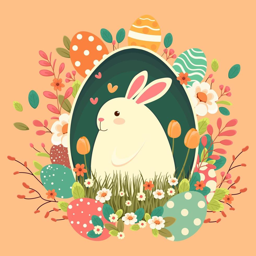 Easter illustration with a rabbit, flowers, Easter eggs, background, banner, seasonal card, Spring, Vector