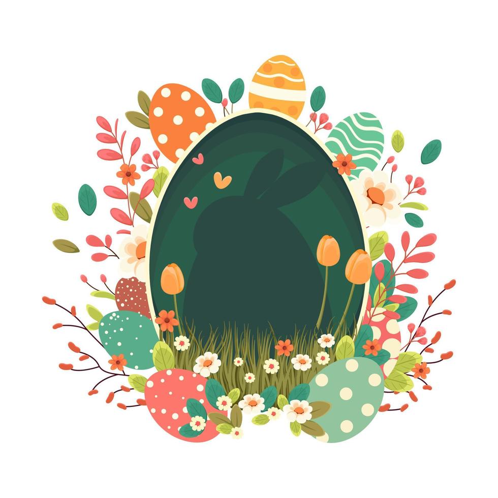 Easter illustration with a rabbit, flowers, Easter eggs, background, banner, seasonal card, Spring, Vector