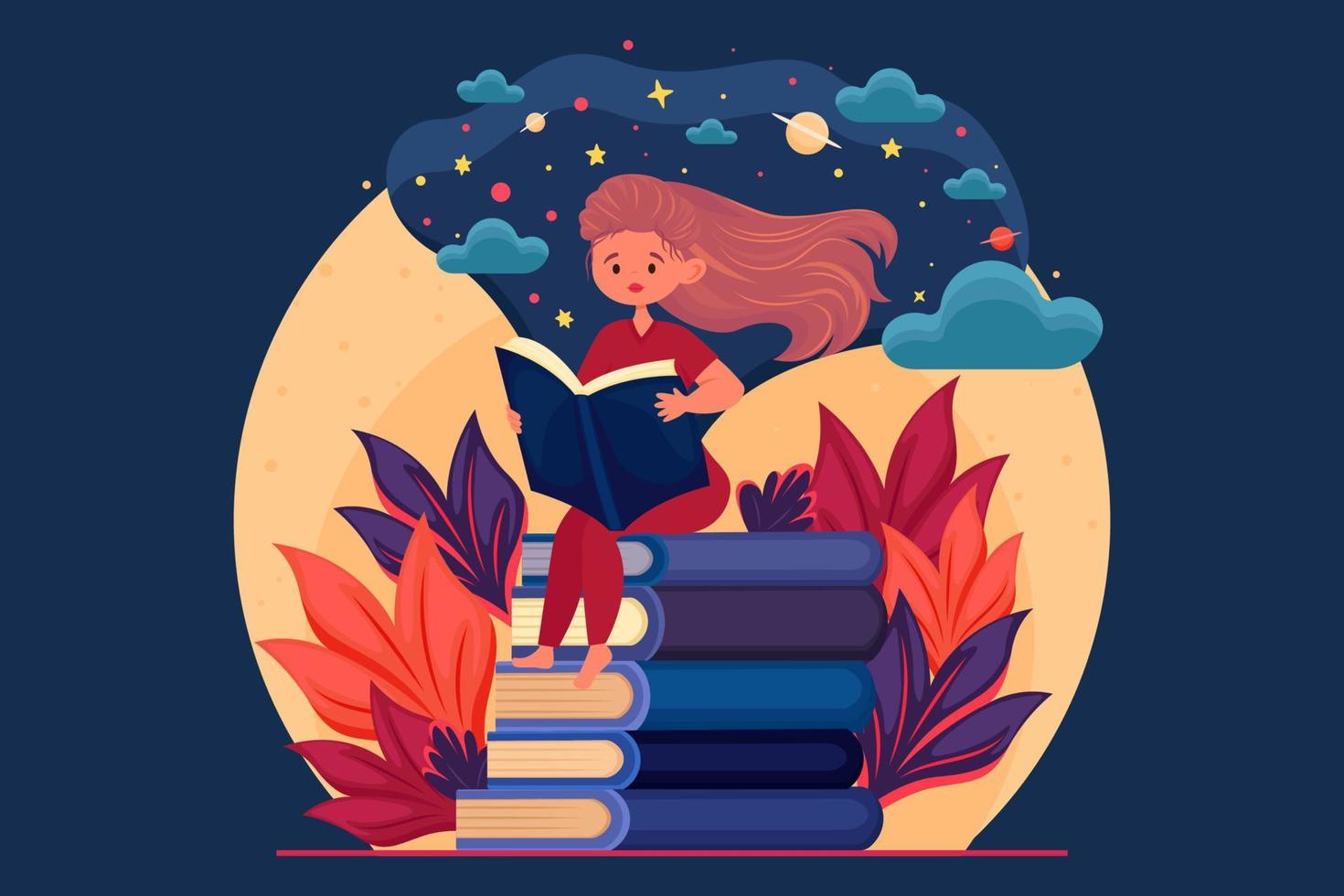 Girl reading an interesting book sitting on a stack of books, reading, book immersion concept, interesting stories, World Book Day or Children's Book Day, abstract patterns, leaves, decorative element vector