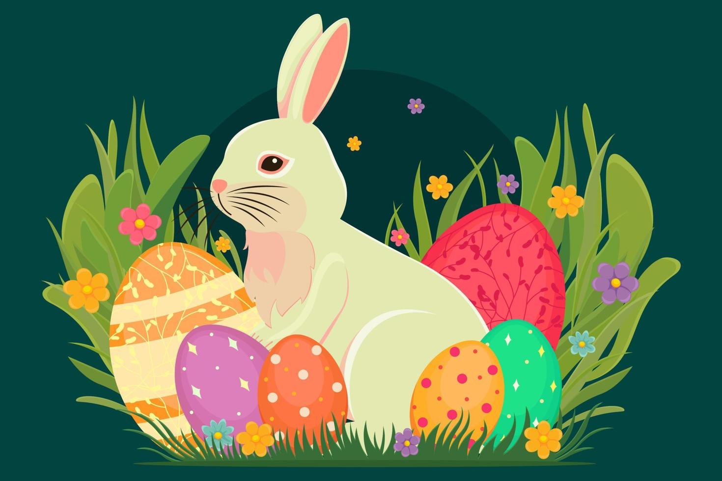 Easter illustration with a rabbit, flowers, Easter eggs, background, banner, seasonal card, Spring, Vector