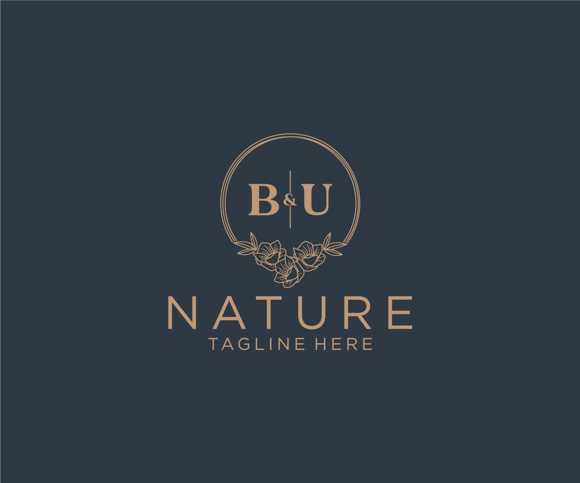 initial BU letters floral frames. Botanical feminine editable premade monoline unique decoration for greeting card, wedding invitation. vector