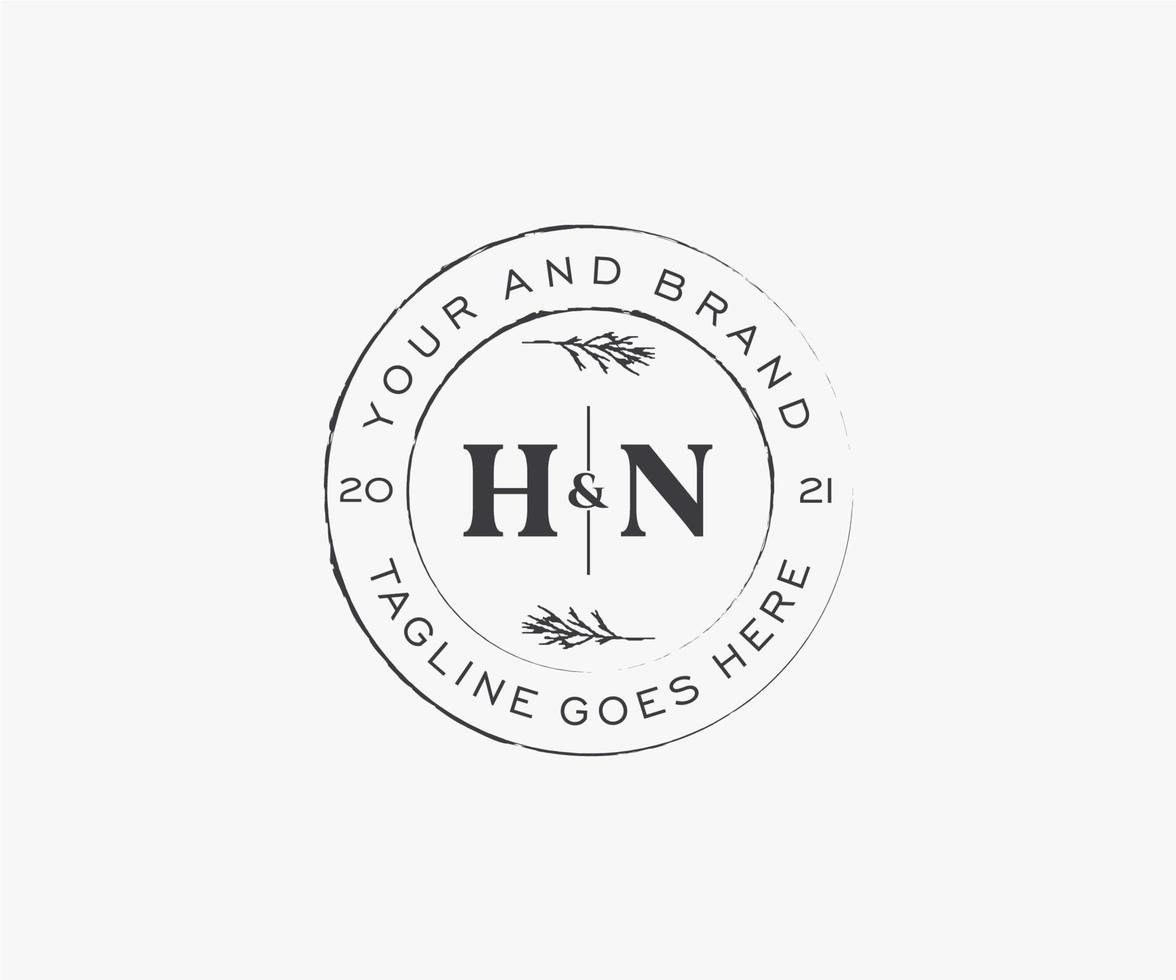 initial HN letters floral frames. Botanical feminine editable premade monoline unique decoration for greeting card, wedding invitation. vector
