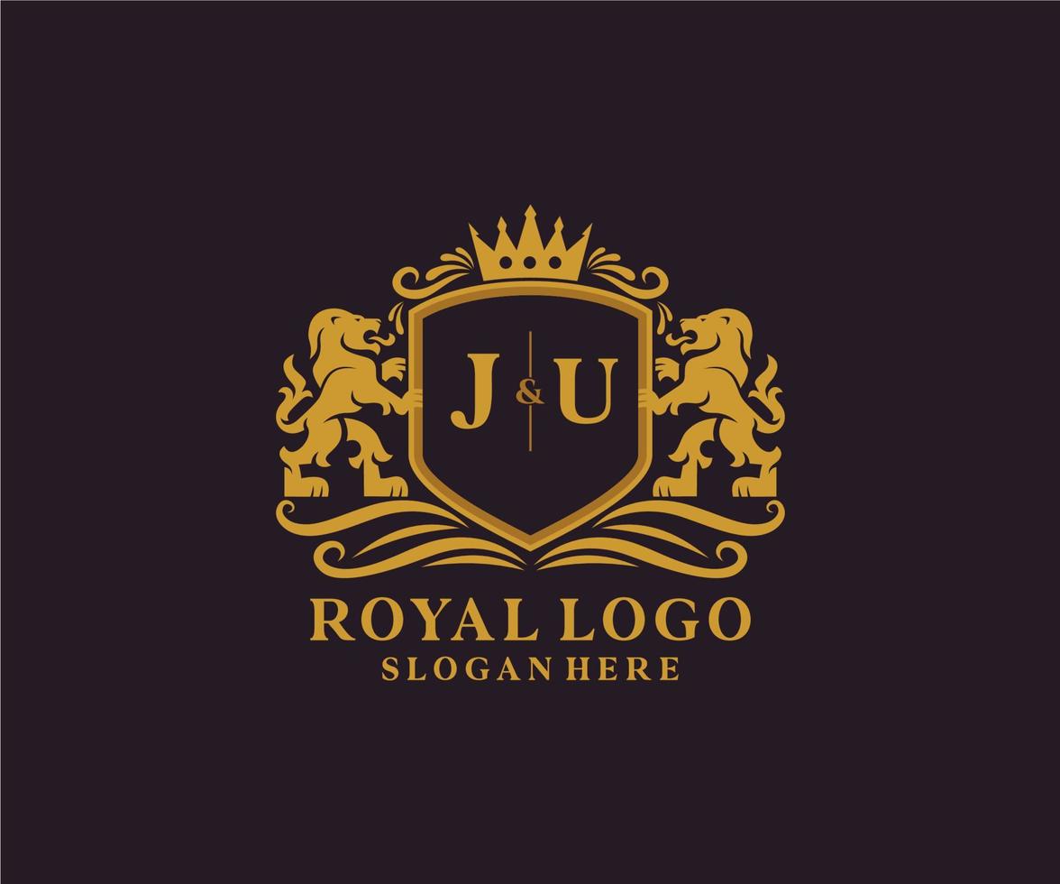 Initial JU Letter Lion Royal Luxury Logo template in vector art for Restaurant, Royalty, Boutique, Cafe, Hotel, Heraldic, Jewelry, Fashion and other vector illustration.