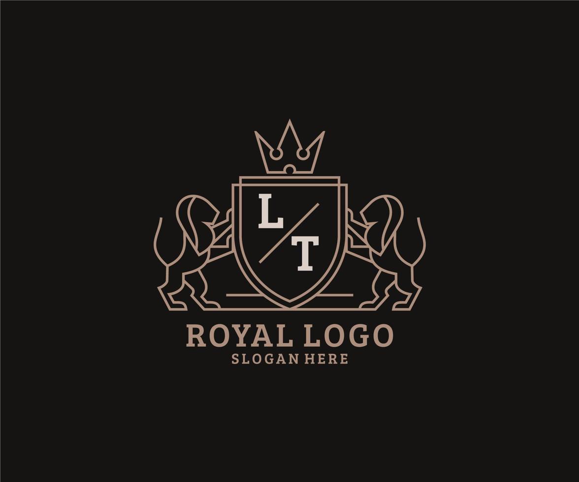 Initial LT Letter Lion Royal Luxury Logo template in vector art for Restaurant, Royalty, Boutique, Cafe, Hotel, Heraldic, Jewelry, Fashion and other vector illustration.