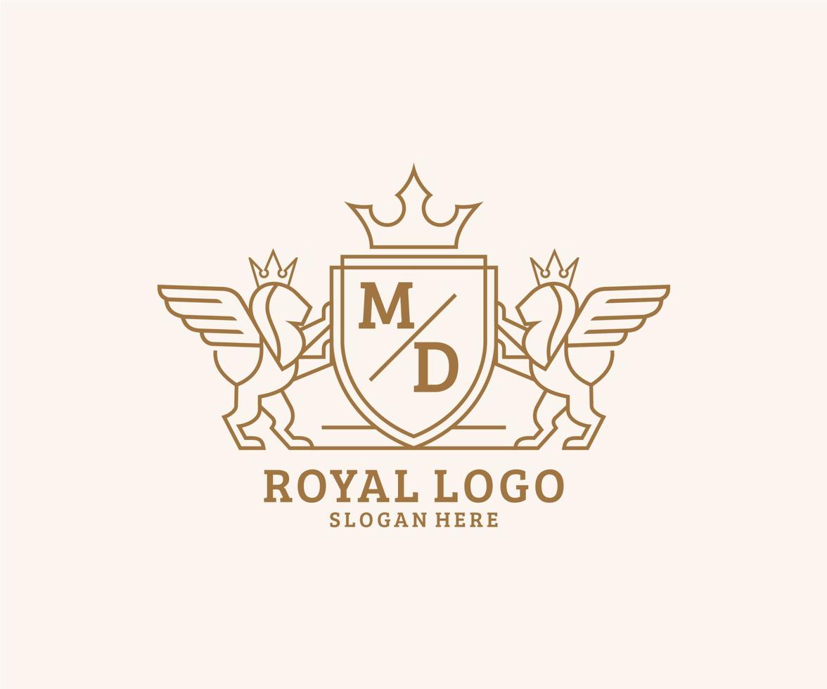 Initial MD Letter Lion Royal Luxury Heraldic,Crest Logo template in vector art for Restaurant, Royalty, Boutique, Cafe, Hotel, Heraldic, Jewelry, Fashion and other vector illustration.