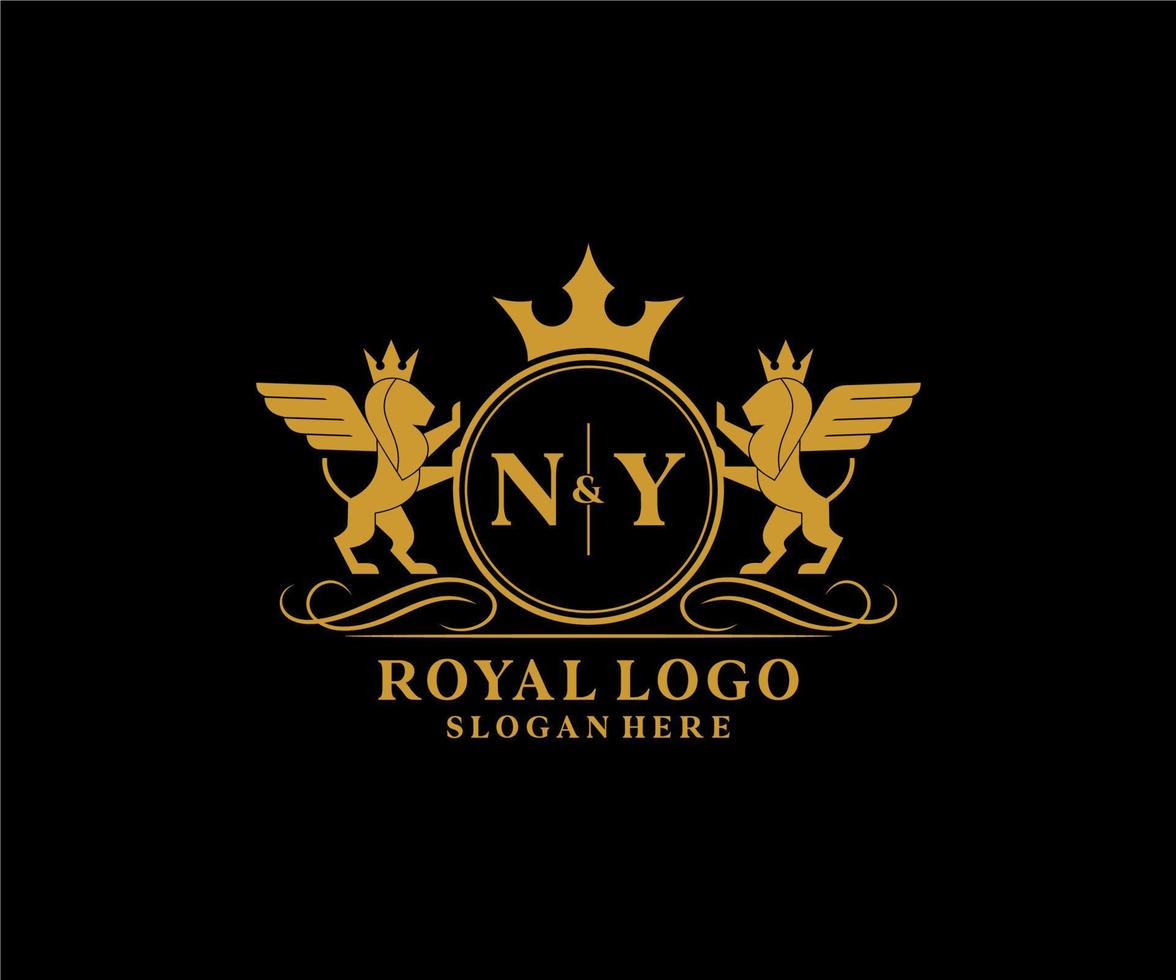 Initial NY Letter Lion Royal Luxury Heraldic,Crest Logo template in vector art for Restaurant, Royalty, Boutique, Cafe, Hotel, Heraldic, Jewelry, Fashion and other vector illustration.