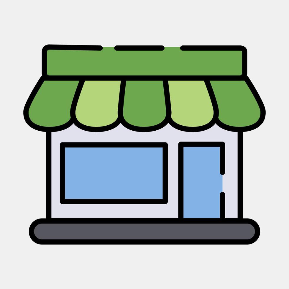 icono tienda. edificio elementos. íconos en lleno línea estilo. bueno para huellas dactilares, web, carteles, logo, sitio plan, mapa, infografía, etc. vector