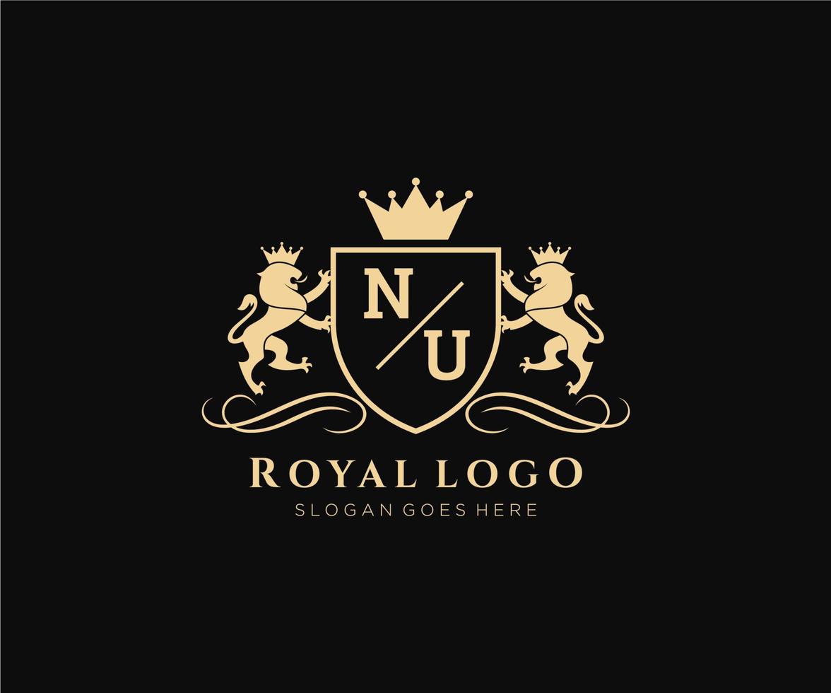 Initial NU Letter Lion Royal Luxury Heraldic,Crest Logo template in vector art for Restaurant, Royalty, Boutique, Cafe, Hotel, Heraldic, Jewelry, Fashion and other vector illustration.