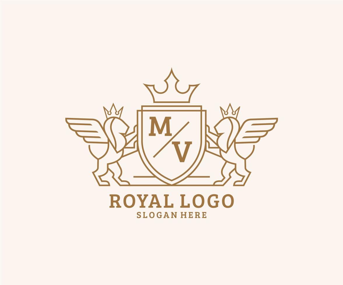 Initial MV Letter Lion Royal Luxury Heraldic,Crest Logo template in vector art for Restaurant, Royalty, Boutique, Cafe, Hotel, Heraldic, Jewelry, Fashion and other vector illustration.